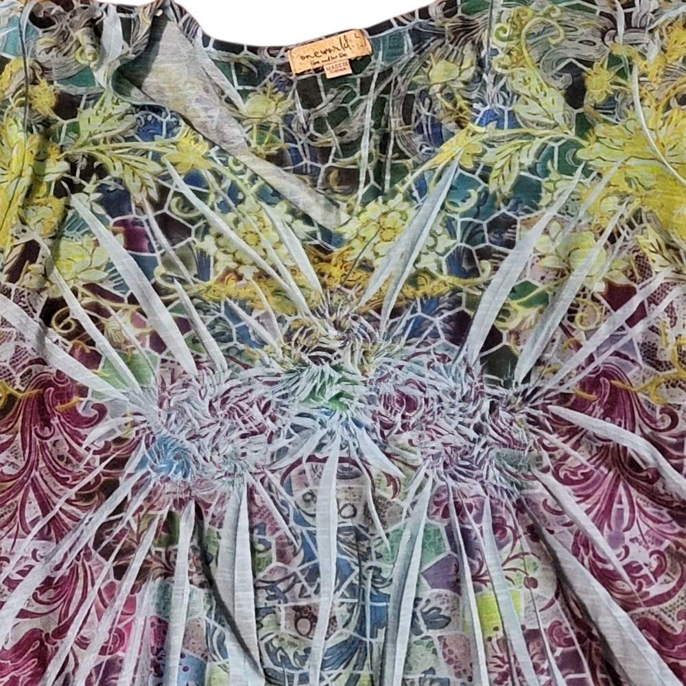 One World Dress Womens L Large Blue Paisley Short Sleeve Embroidered Midi - Picture 2 of 7